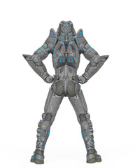 man in an armored nano tech suit is doing a power pose like a super hero hear view