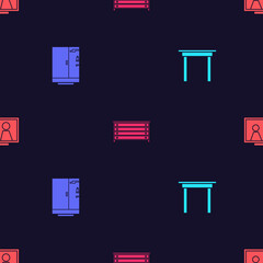 Set Wooden table, Shower cabin, Chest of drawers and Picture frame on on seamless pattern. Vector