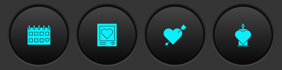 Set Calendar with heart, Photo frames and hearts, Amour arrow and Bottle love potion icon. Vector