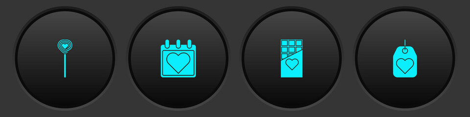 Obraz premium Set Lollipop, Calendar with heart, Chocolate bar and Heart tag icon. Vector