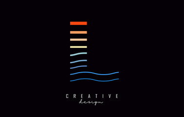 Letter L logo design with colorful lines. Vector illustration with sea and sunset color lines,