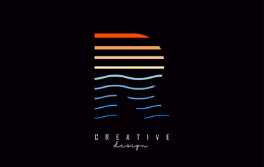 Letter R logo design with colorful lines. Vector illustration with sea and sunset color lines,