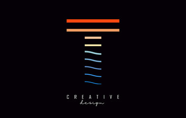 Letter T logo design with colorful lines. Vector illustration with sea and sunset color lines,
