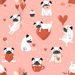 Naklejka premium Seamless pattern with lovely puppy, vector animal background. Perfect for Valentine day cards, wrapping paper