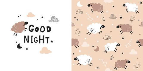 Animal pattern with cute sheep, seamless vector background. Perfect for fabric, childish textile, kids bedding, wallpaper, sleepwear. Scandinavian style.