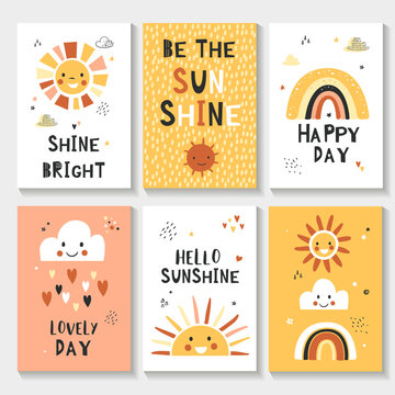 Childish nursery prints with sun, rainbow and clouds. Vector poster design.
