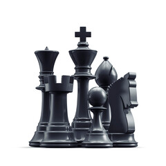 Chess set group - 3D illustration of king, queen, rook, pawn, bishop and knight pieces isolated on white studio background