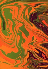 Green-brown-orange marble background. Bright shades. Acrylic paint spreads freely and creates an interesting pattern. Background for laptop cover, book, laptop, fabric