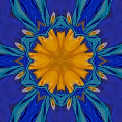 Floral fractal 3d geometric ornament pattern art with blue and yellow with a star in the middle. Creative background nature image design