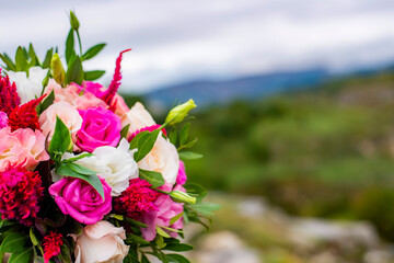 The bride's wedding bouquet is made of pink roses, lying on a backdrop of nature.