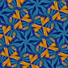 hexagon triangular digital pattern star floral mandala swirl with 3d elements of blues and yellow ochre