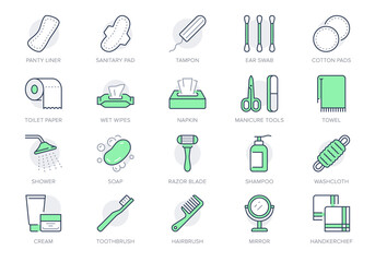 Hygiene line icons. Vector illustration include icon - shower, soap, towel, toilet paper, tissue, sponge, handkerchiefs, cream outline pictogram for toiletries. Green Color, Editable Stroke