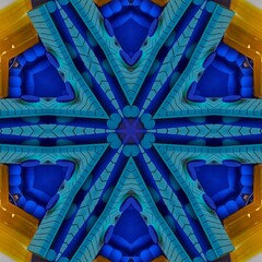 Abstract kaleidoscopic blue and yellow pattern with 3d elements. Hexagon ornamental backdrop background with geometric shapes and lines