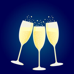 Three glasses filled with sparkling champagne. Celebration atmosphere. eps 10
