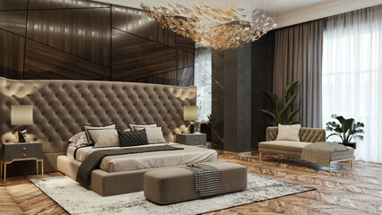 Luxury bedroom apartment design. 3D render. Interior visualization. Illustration.