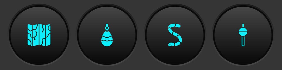 Set Folded map, Fishing spoon, Worm and float icon. Vector