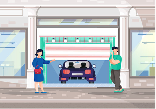 Garage with automatic gates. Couple discussing vehicle storage space, room for cars. Gates with lifting mechanism, place for automobile parking. People choose garage in modern residental building