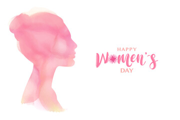 8 March, International Womens Day vector greeting card. Typographic composition with flowers. Pink watercolor stains background