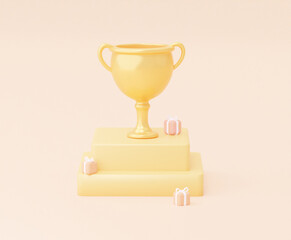 Golden trophy, cup with podium. 3D render