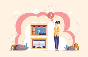 Selection of vehicle storage space, room for passenger transport storing inside house. Gates with lifting mechanism in place for automobile parking. Woman looking for modern garage to store car