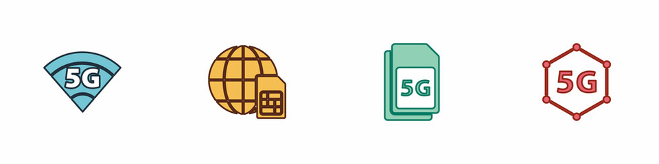 Set 5G network, Globe Sim Card, and icon. Vector