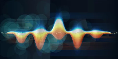 Foto op Plexiglas Abstract background with color sound wave lines and blurred lines on blue. Technologyl sound wave and spot light. For music wave poster design. © Anatoly Stojko