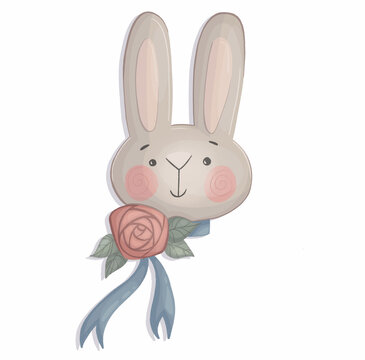 Illustration of a cute bunny with a big flower in a cartoon, hand-drawn style.