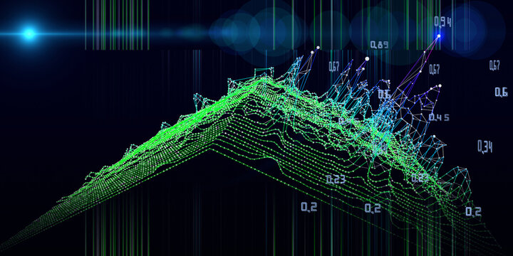 Abstract technology background with polygonal diagram grid and blurred lines on dark. Analytics data algorithms. Computing concept. Big Data. Banner for business, science and technology.