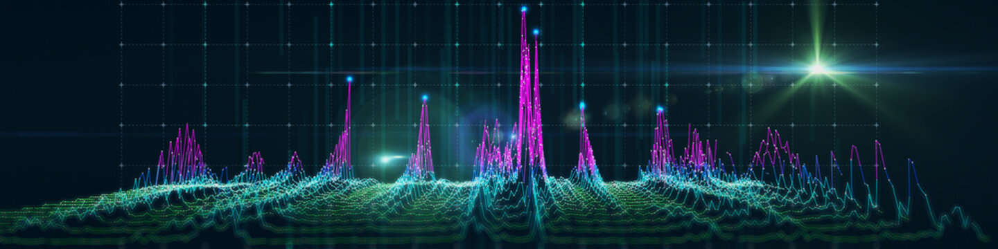 Abstract background with polygonal noisy algorithm grid connecting dots on dark. Big Data. Analytics data algorithms. Computing concept.  Banner horizontal for business, science and technology.