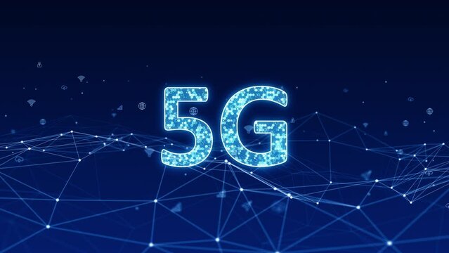 Motion graphic of Blue digital 5G logo with line connection and futuristic technology icon levitation on abstract background concept seamless loop video