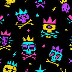Surreal trippy psychedelic skulls in doodle style - vector seamless pattern. Rock and Punk elements in Hippie style background. Cartoon seamless pattern for print tee, textile, cover design