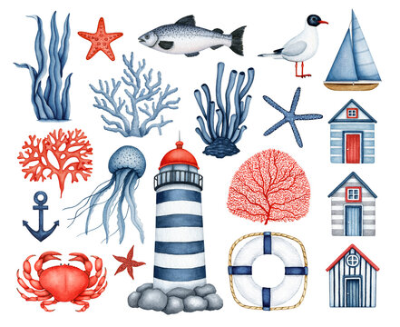 Sea Life, Travel, Nautical Ship Equipment watercolor set. Lighthouse on the coast, Summer Beach Houses, Sailboat. Underwater Animals, Plants. Collection of hand drawn Marine elements isolated