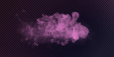 Pink smoke puff isolated on transparent black background. PNG. Steam explosion special effect. Effective texture of steam, fog, smoke png. Vector illustration	
