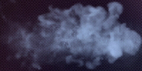 Blue smoke puff isolated on transparent black background. PNG. Steam explosion special effect. Effective texture of steam, fog, smoke png. Vector illustration