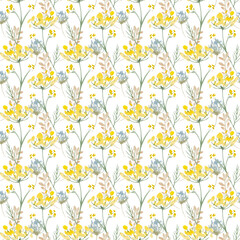 Watercolor botanical seamless pattern wild flowers and garden plants. Hand drawn leaves, pink flowers, herbs and natural elements. For birthday, wedding card, love, invitation, greeting, mother day.