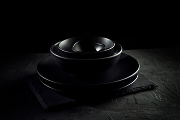 Black tableware on a dark background. Plates and bowls of different shapes and sizes are stacked in a pile. Contrasting dramatic light as an artistic effect.