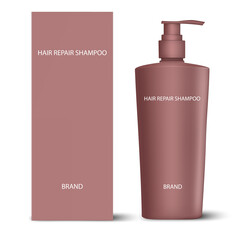Vector drawing. Hair repair shampoo bottle with a packing box.