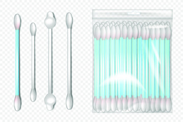 Realistic vector collection different forms of cotton buds. Cotton swab on stick. Tool for cleaning wax and personal care of the ears