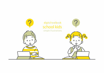 デジタルテキスト　考える小学生　シンプルでお洒落な線画イラスト