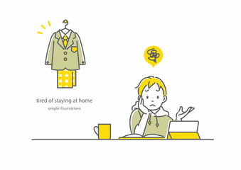 休校が続きうんざりする高校生　シンプルでお洒落な線画イラスト