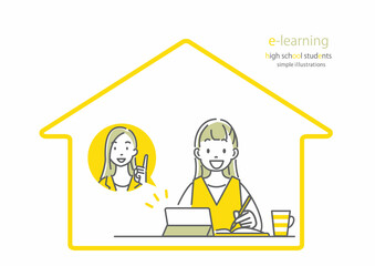 自宅で楽しくオンライン授業を受ける高校生の女の子　シンプルでお洒落な線画イラスト