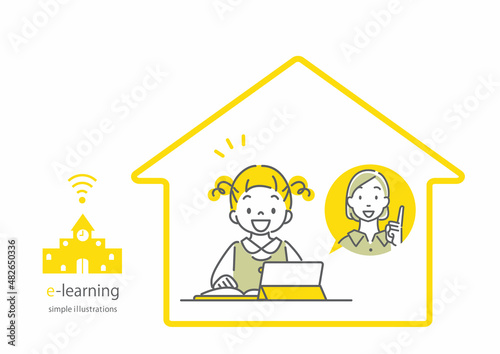 自宅で楽しくオンライン授業を受ける小学生の女の子 シンプルでお洒落な線画イラスト Poster Fumika Shibata