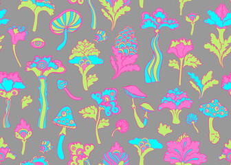 Colorful flowersl and mushrooms seamless pattern, retro 60s, 70s hippie style background. Vintage psychedelic textile, fabric, wrapping, wallpaper. Vector repeating magic floral illustration.