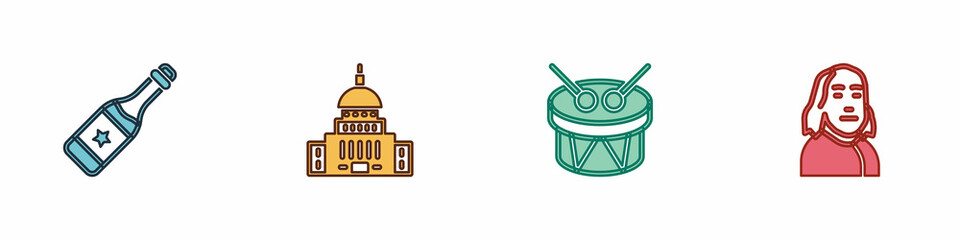 Set Champagne bottle, White House, Drum and drum sticks and Benjamin Franklin icon. Vector