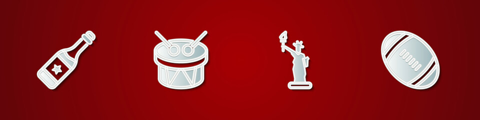Set Champagne bottle, Drum and drum sticks, Statue of Liberty and American Football ball icon. Vector