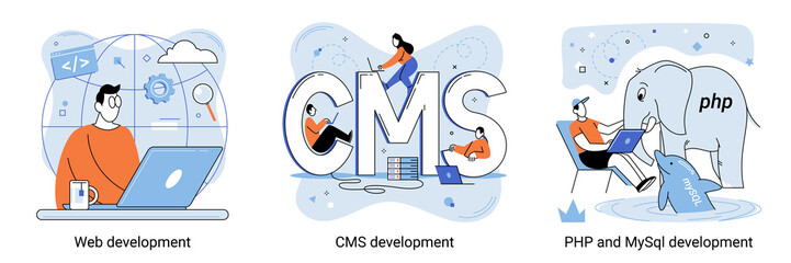 Website development, web design. Programming and coding, php and mysql development, cms development banners set. Computer animation designer. Bug fixing. Specialists work at workplaces with laptops