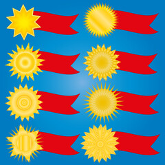 Ribbon and banner. Champion medails with red ribbon. Set of premium quality and guarantee labels isolated on white background. 