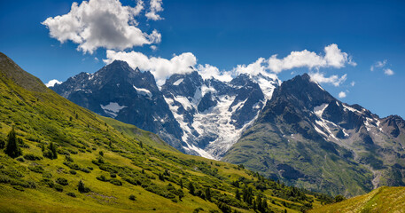 Ecrins National Parc mountain peaks and glaciers in summer. La Meije peak and glacier du Lautaret. Oisans Massif (Southern French Alps). Hautes-Alpes. France