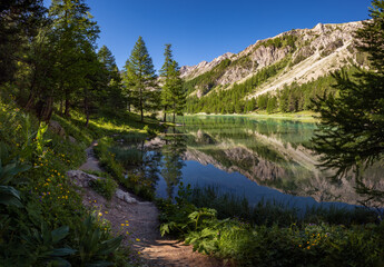 Fototapeta na wymiar Orceyrette Lake in Summer with larch tree forest. Briancon Region in the Hautes-Alpes. Southern French Alps, France