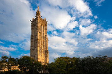 Tour Saint-Jacques (Historic Monument) in Paris at sunset. Located in the 4th Arrondissement (Right...